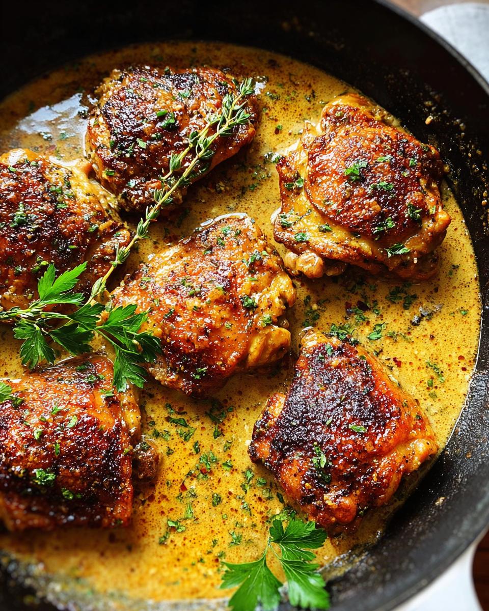 Five golden-brown chicken thighs simmering in a rich, creamy sauce in a cast-iron skillet, garnished with fresh herbs.