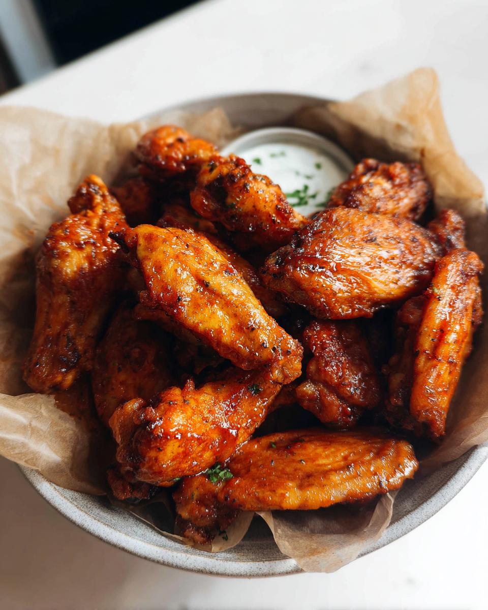 A bowl of glossy, glazed chicken wings, a perfect quick meal from our Chicken Wings Recipes in 20 Minutes article.