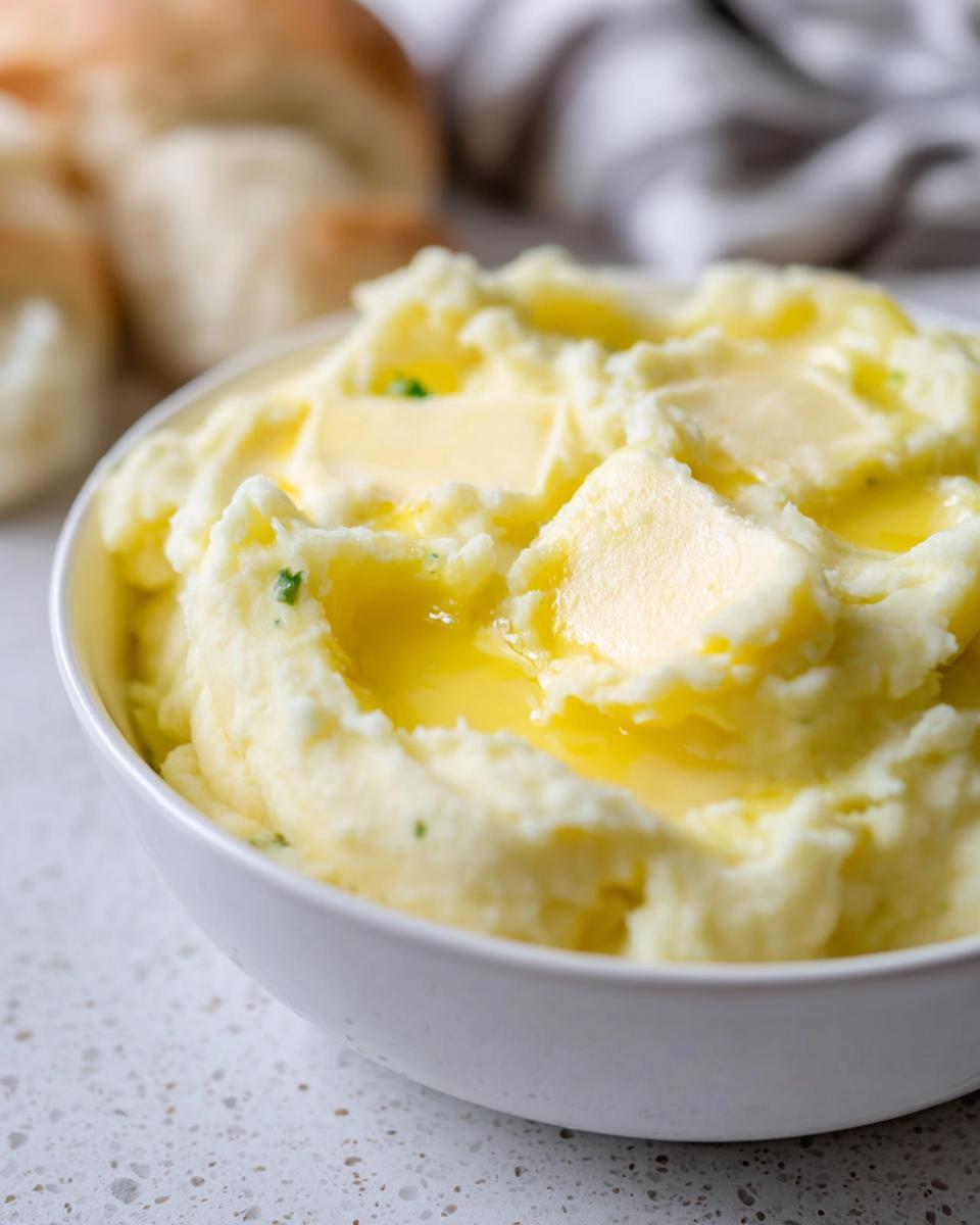 Close-up of a bowl of creamy mashed potatoes topped with melting butter and a sprinkle of herbs. Part of our 20 minute mashed potatoes recipe.