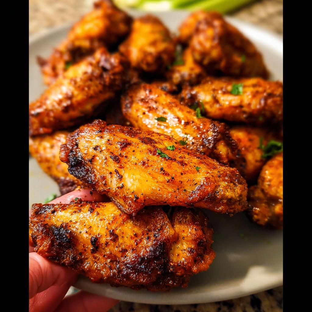 Close-up of a hand holding perfectly seasoned and baked 25-ingredient chicken wings.