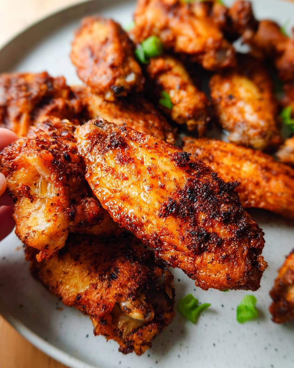 A close-up of a hand holding a perfectly seasoned and crispy 25-Ingredient Chicken Wing, garnished with green onions.