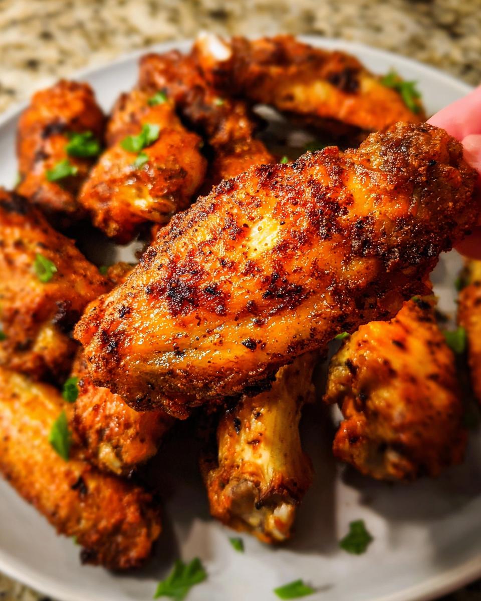 Close-up of a hand holding a perfectly cooked, crispy 25-ingredient chicken wing, garnished with parsley.