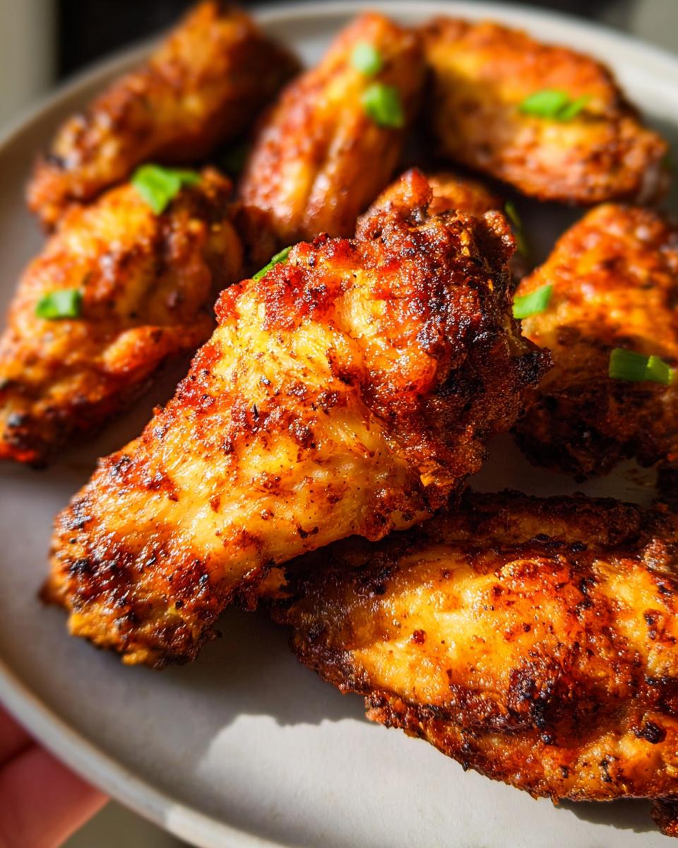 Close-up of golden-brown, crispy 25-ingredient chicken wings, garnished with chopped green onions.