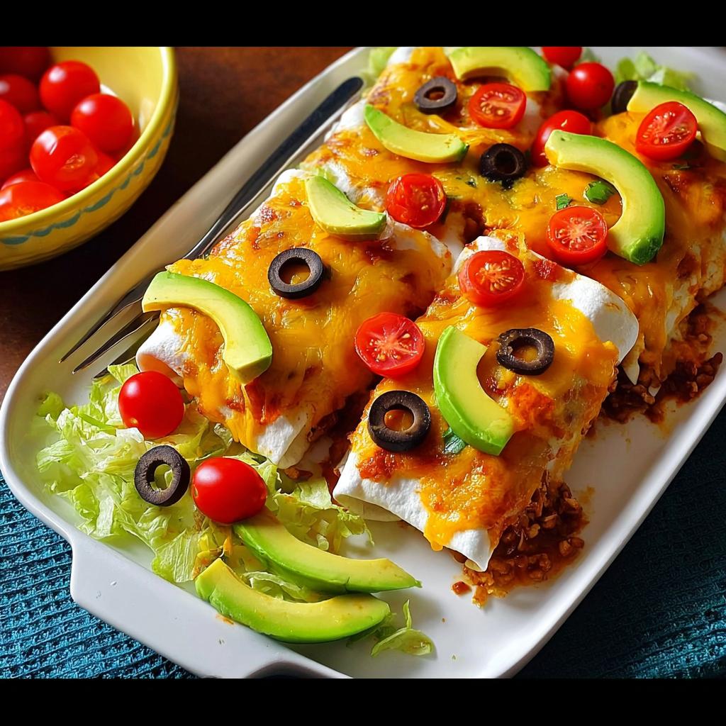 Three cheesy enchiladas topped with avocado, cherry tomatoes, and olives, served on a bed of lettuce as part of 25-Ingredient Healthy Meals Recipes.