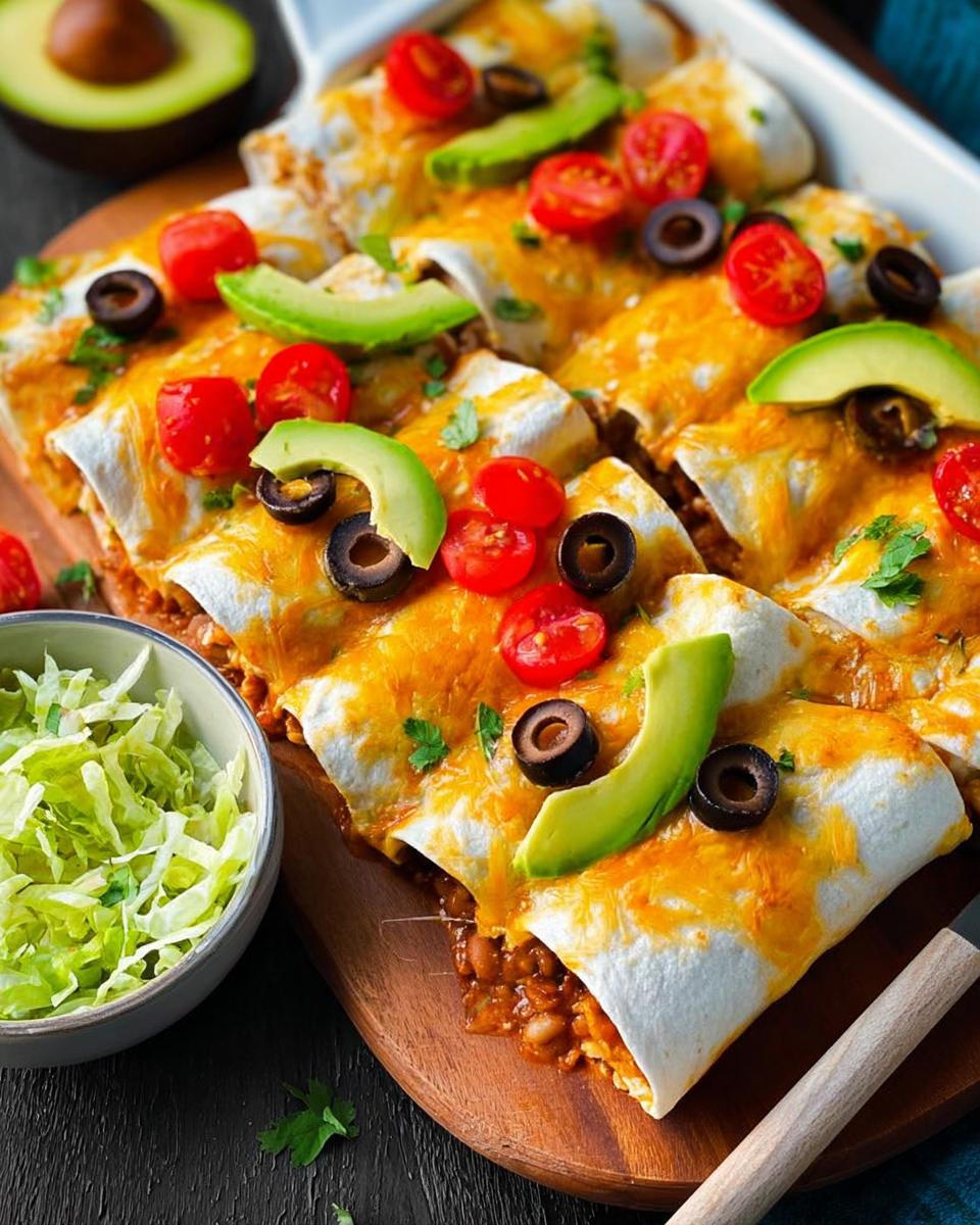 Close-up of cheesy enchiladas topped with avocado, tomatoes, and olives, part of 25-Ingredient Healthy Meals Recipes.