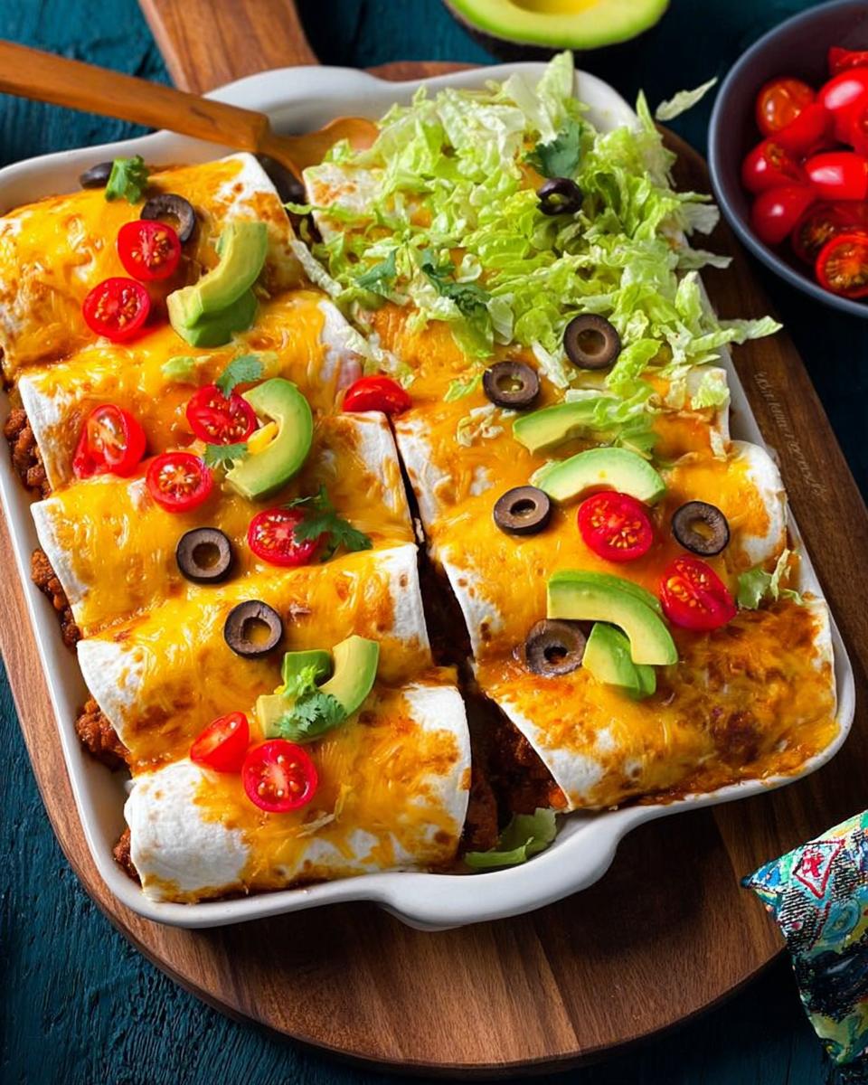 Close-up of cheesy enchiladas topped with avocado, tomatoes, olives, and lettuce, part of 25-Ingredient Healthy Meals Recipes.