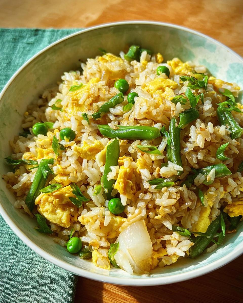 A close-up of a bowl filled with 7-ingredient egg fried rice, featuring scrambled eggs, peas, green beans, and chopped scallions.