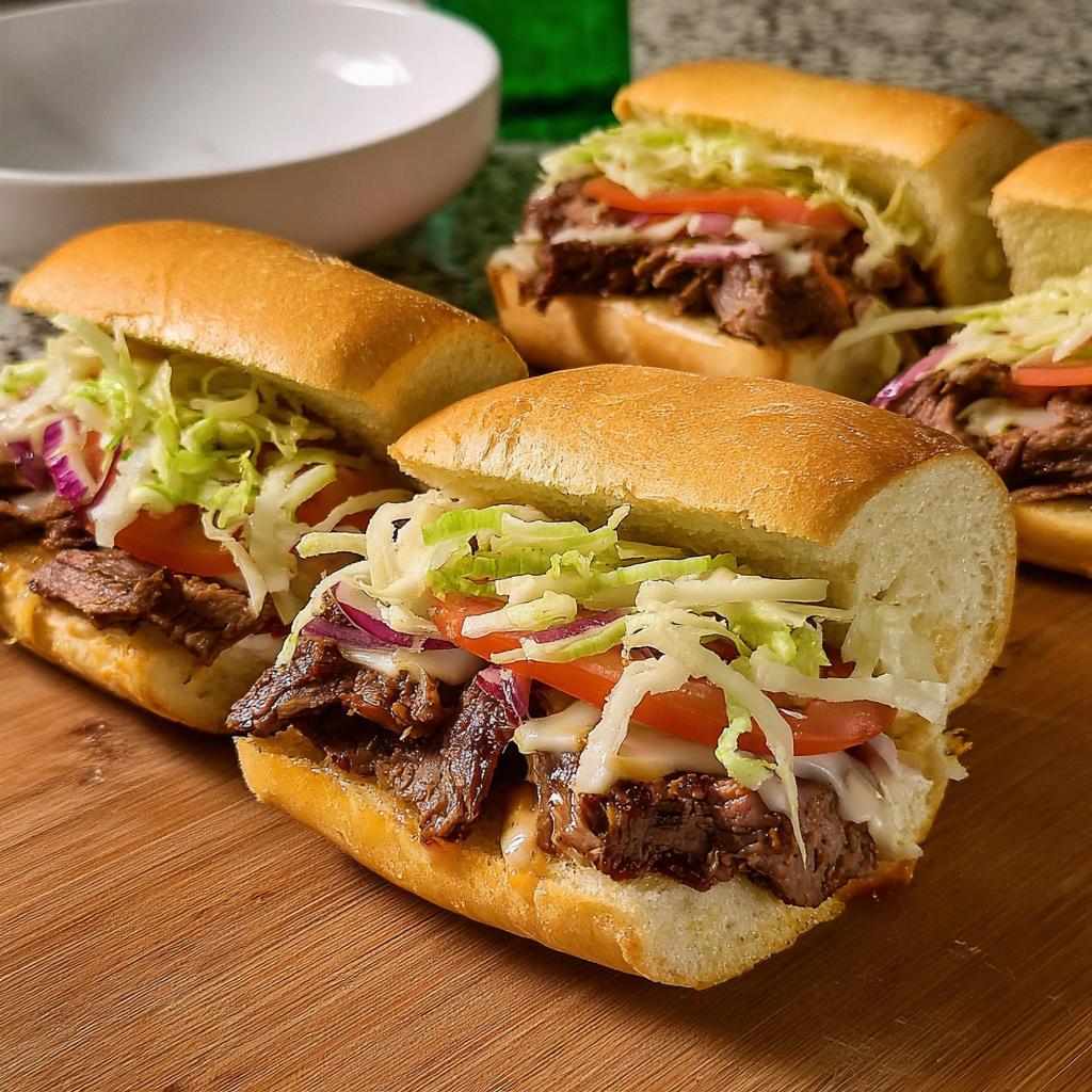 Close-up of a hearty beef sandwich with lettuce, tomato, onion, and cheese, part of 7-Ingredient Sandwich Ideas Recipes.