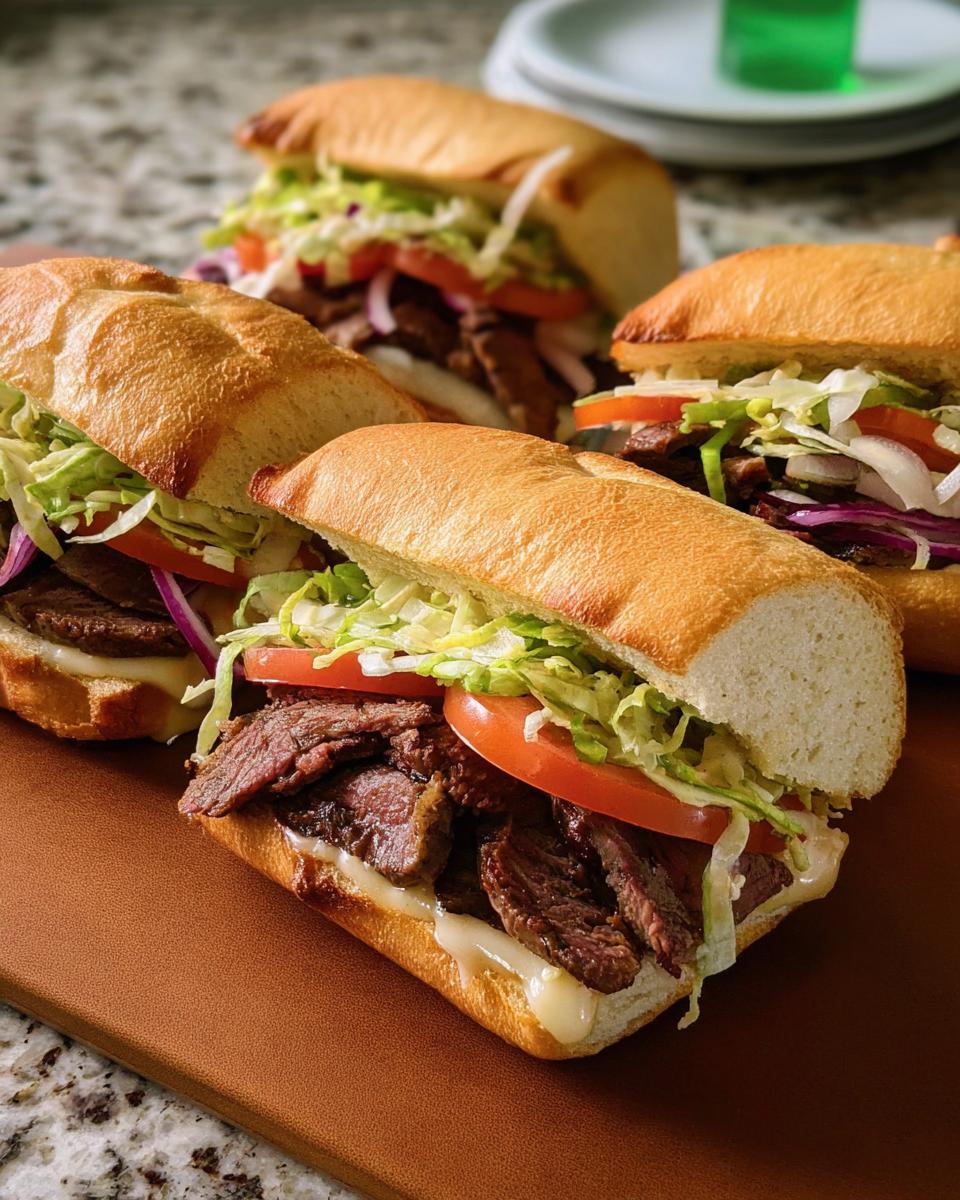 Close-up of a delicious steak sandwich with lettuce, tomato, onion, and cheese, part of 7-Ingredient Sandwich Ideas Recipes.