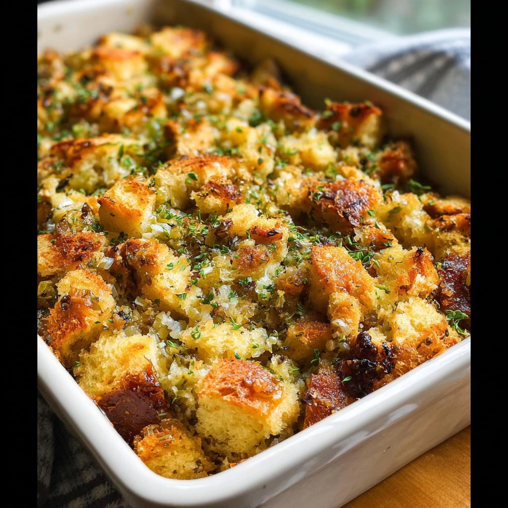 Close-up of a baking dish filled with golden-brown, crusty 7-ingredient stuffing topped with fresh herbs.