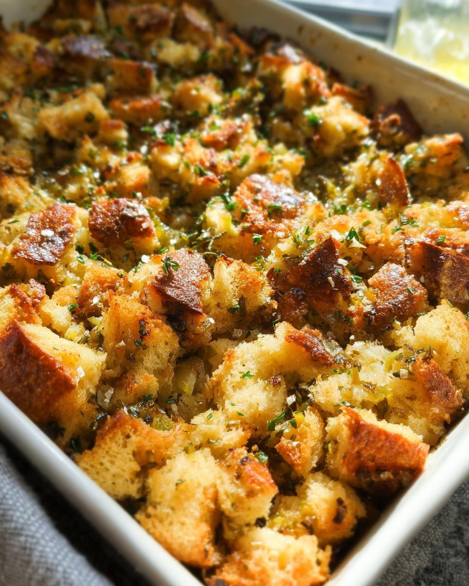 Close-up of a baked 7-ingredient stuffing recipe in a white baking dish, with golden-brown bread cubes and herbs.