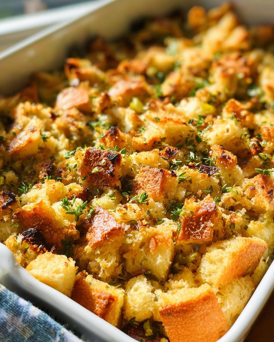 Close-up of a white baking dish filled with golden brown 7-ingredient stuffing, garnished with fresh herbs.
