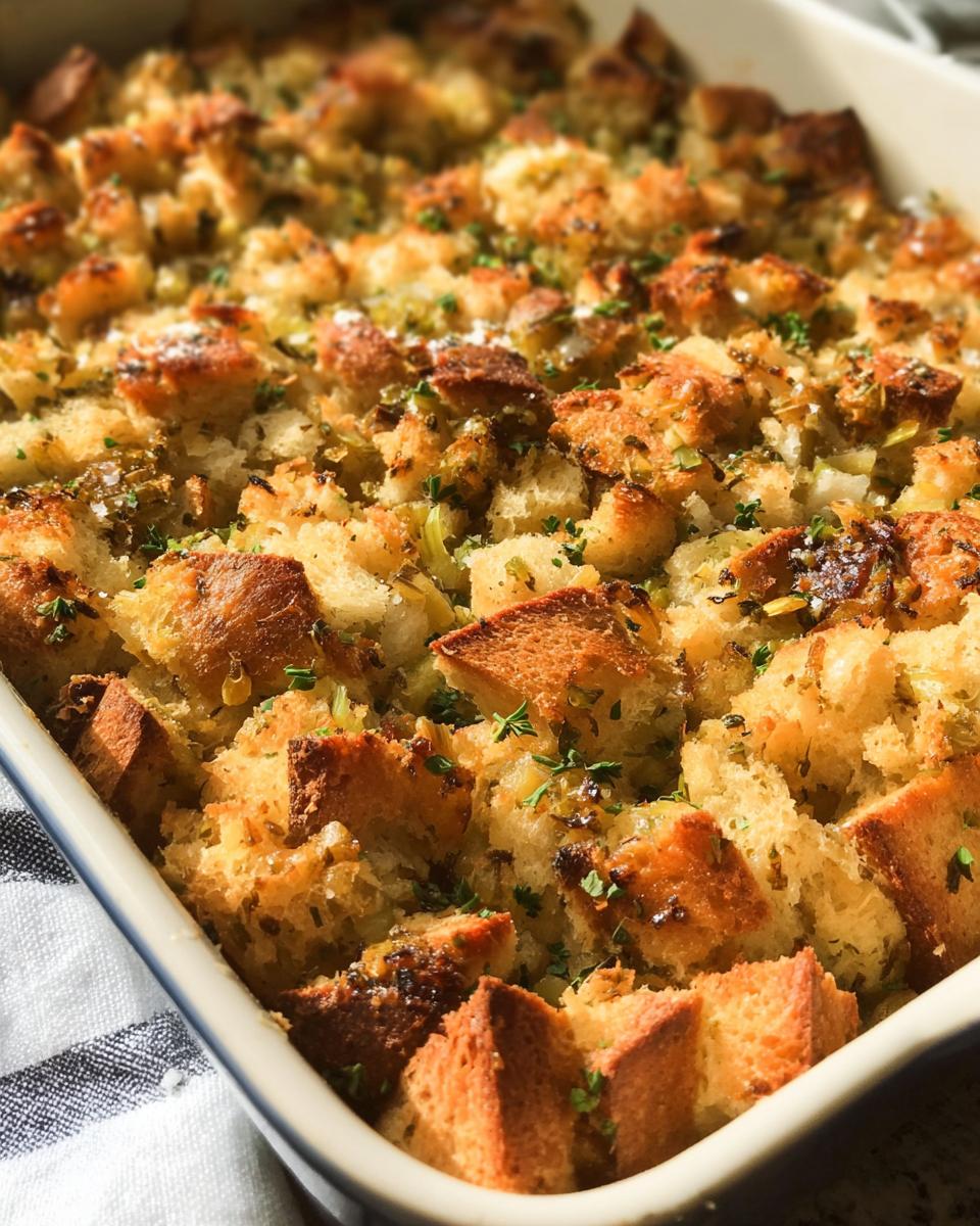 Close-up of a golden-brown baked 7-ingredient stuffing recipe in a casserole dish, garnished with herbs.