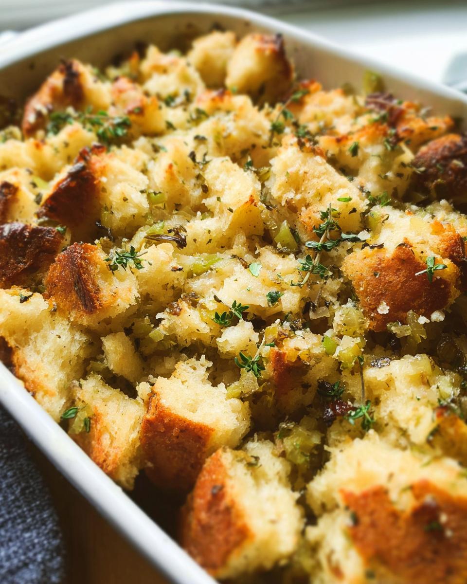 Close-up of a baked 7-ingredient stuffing recipe in a white baking dish, garnished with fresh herbs.