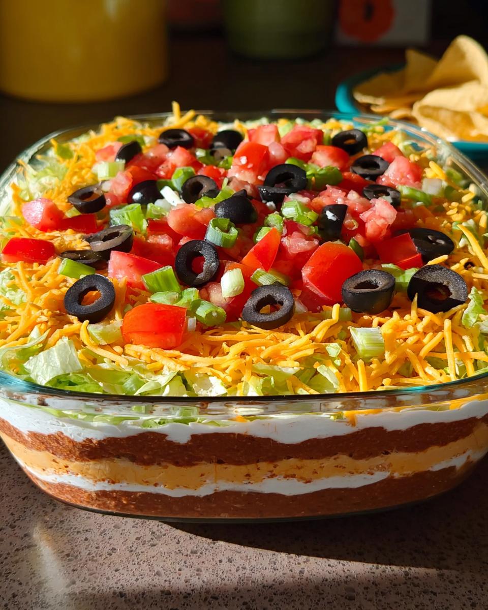 A vibrant 7 layer dip, perfect for Taco Tuesday recipes, topped with shredded cheese, olives, tomatoes, and green onions.