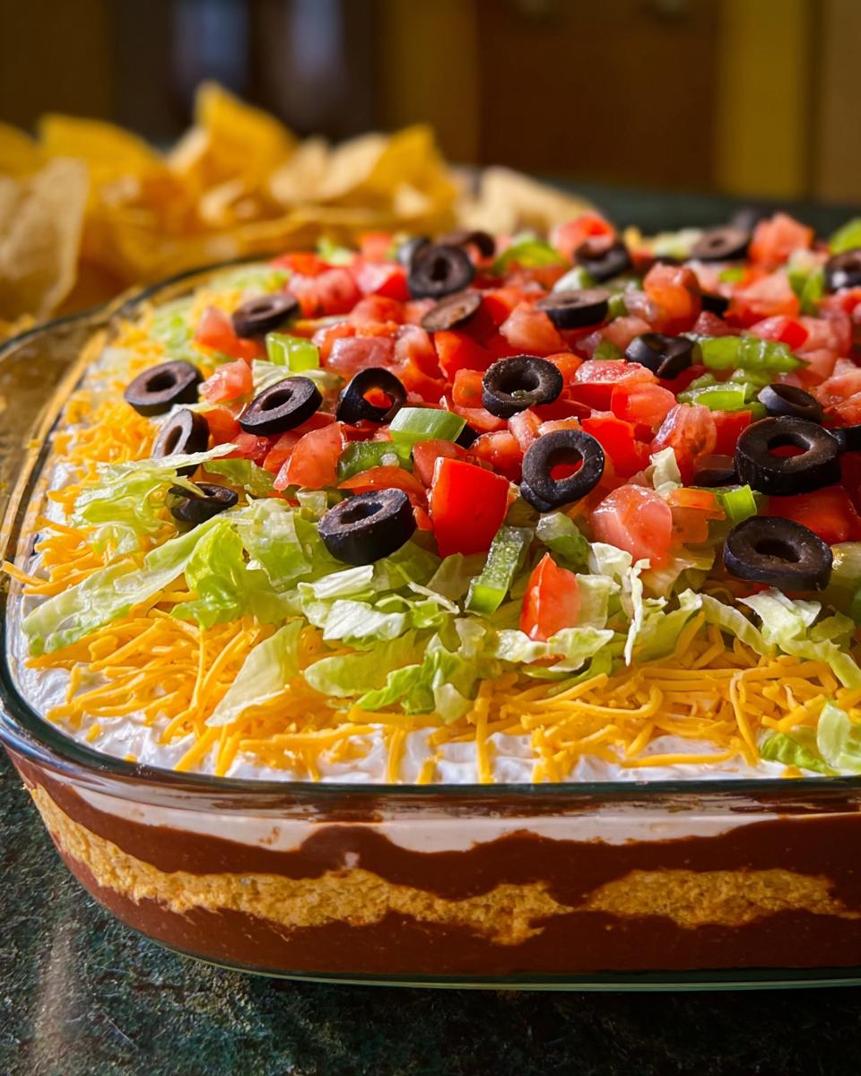 A vibrant 7 layer taco dip with shredded lettuce, cheese, tomatoes, olives, and jalapeรฑos, perfect for Taco Tuesday.