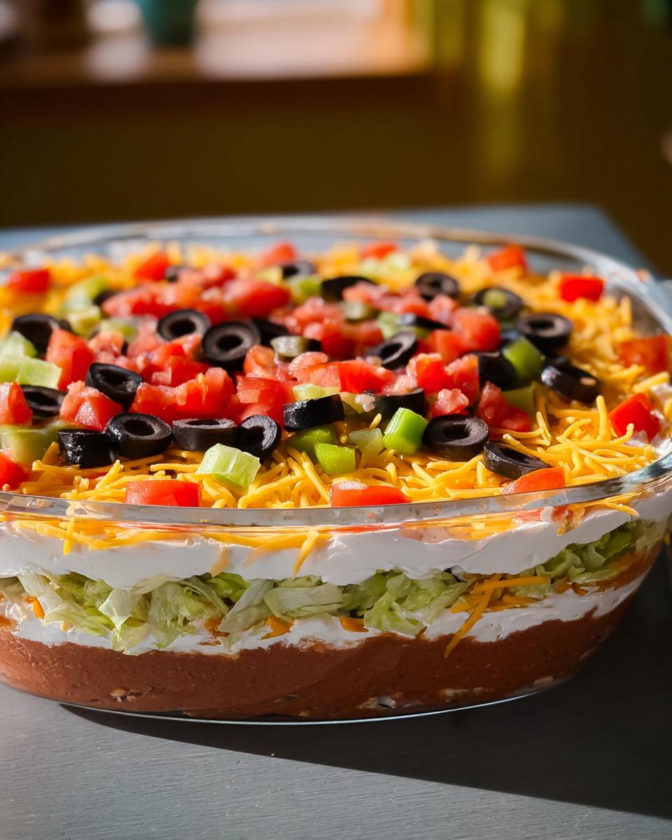 A delicious 7 layer taco dip, perfect for Taco Tuesday recipes, topped with tomatoes, olives, and cheese.