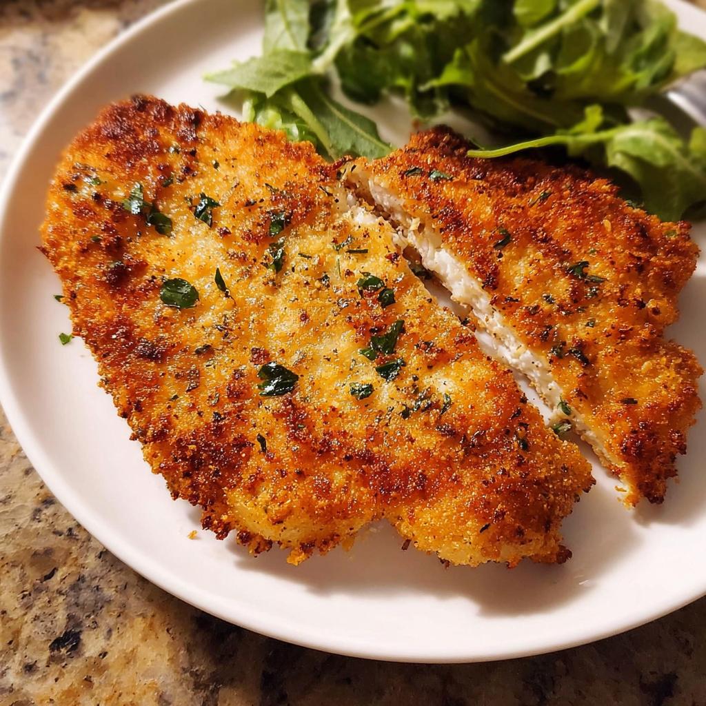 A perfectly golden-brown air fryer chicken breast, sliced in half, served with a side of fresh greens.