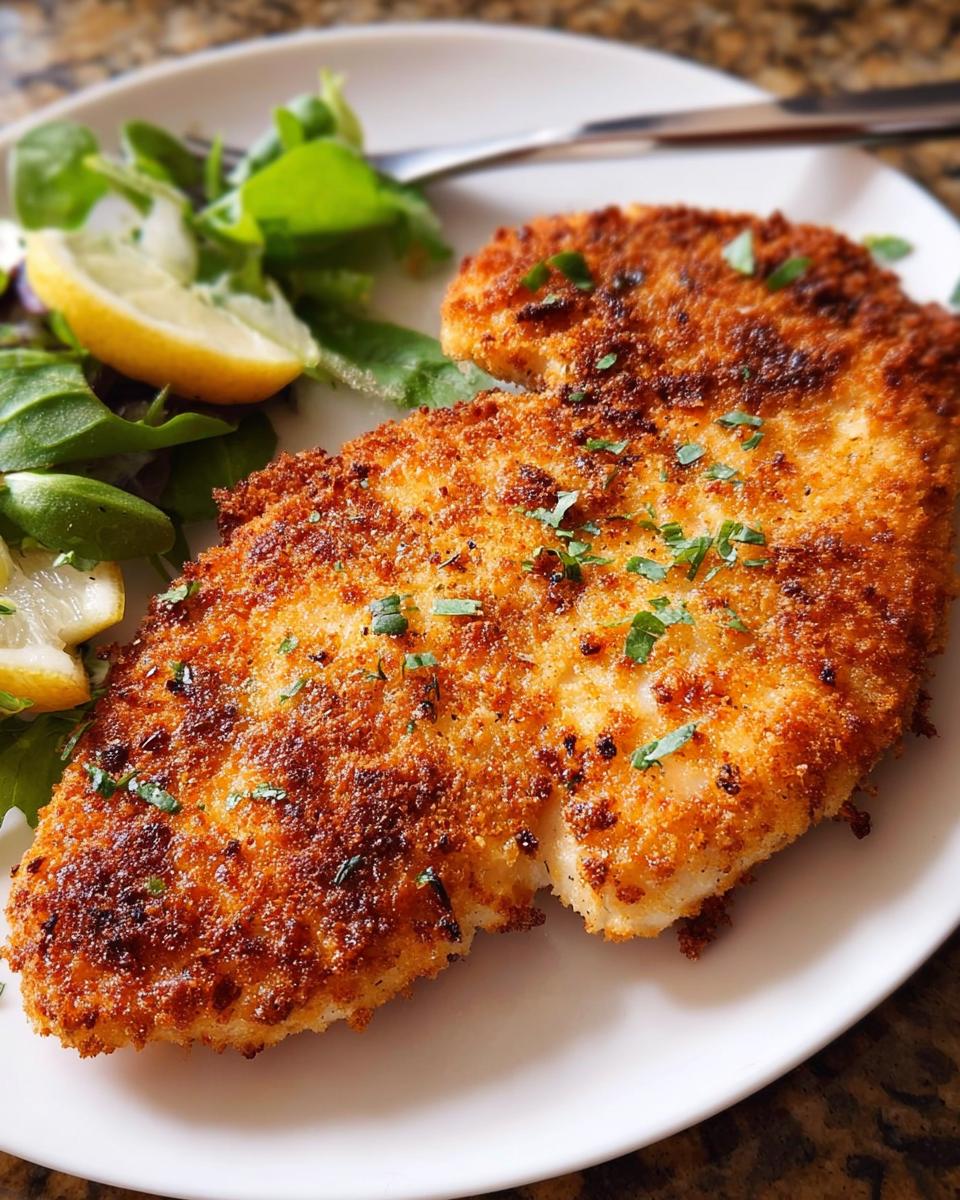 A close-up of a golden-brown, crispy air fryer chicken breast served with a side salad and lemon wedges.