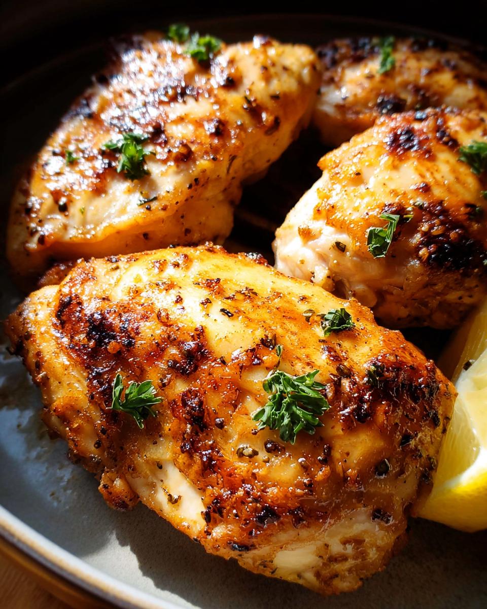 Close-up of perfectly cooked air fryer chicken breasts, seasoned with herbs and spices, served with a lemon wedge.