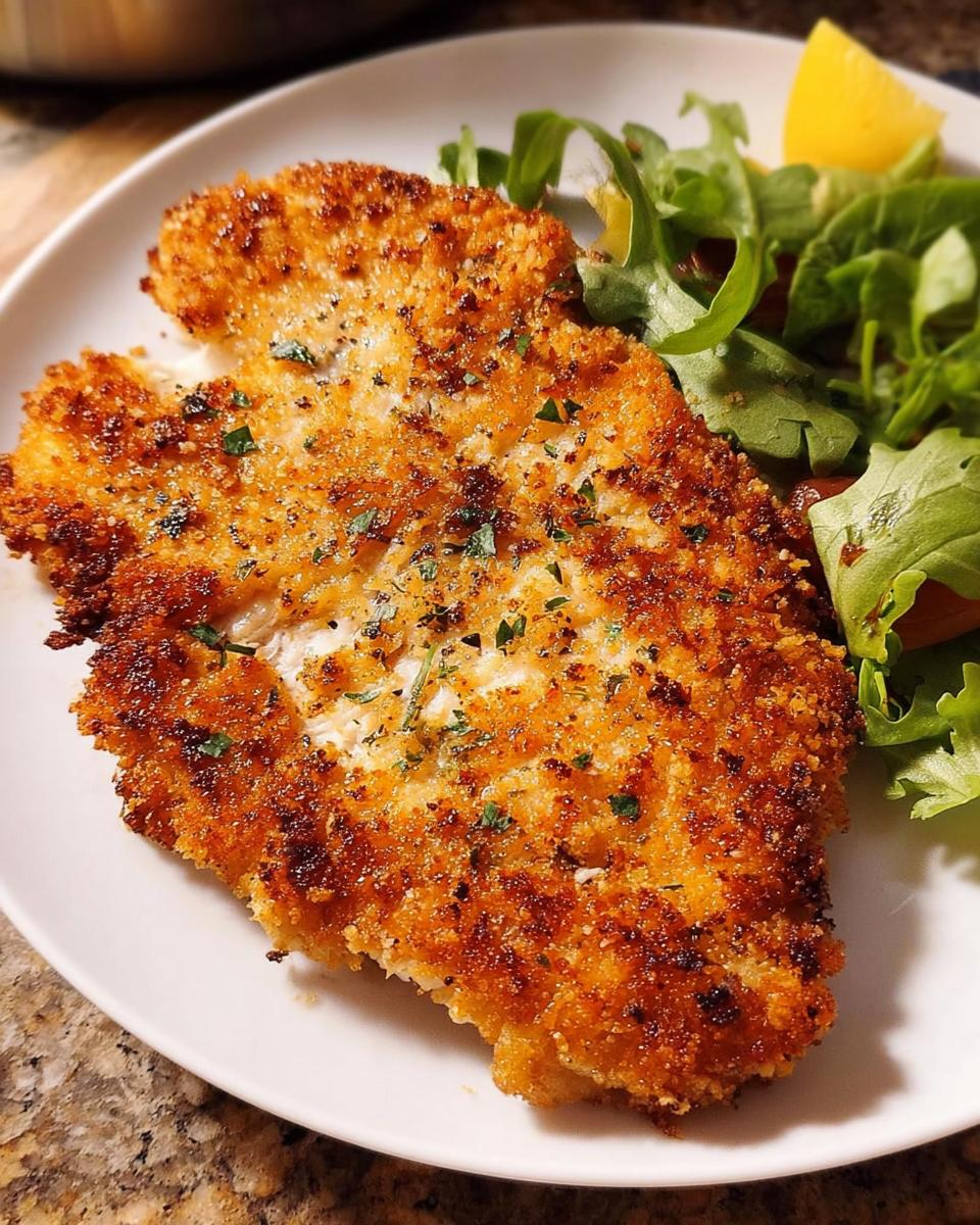 A perfectly golden and crispy air fryer chicken breast served with a fresh green salad and lemon wedge.