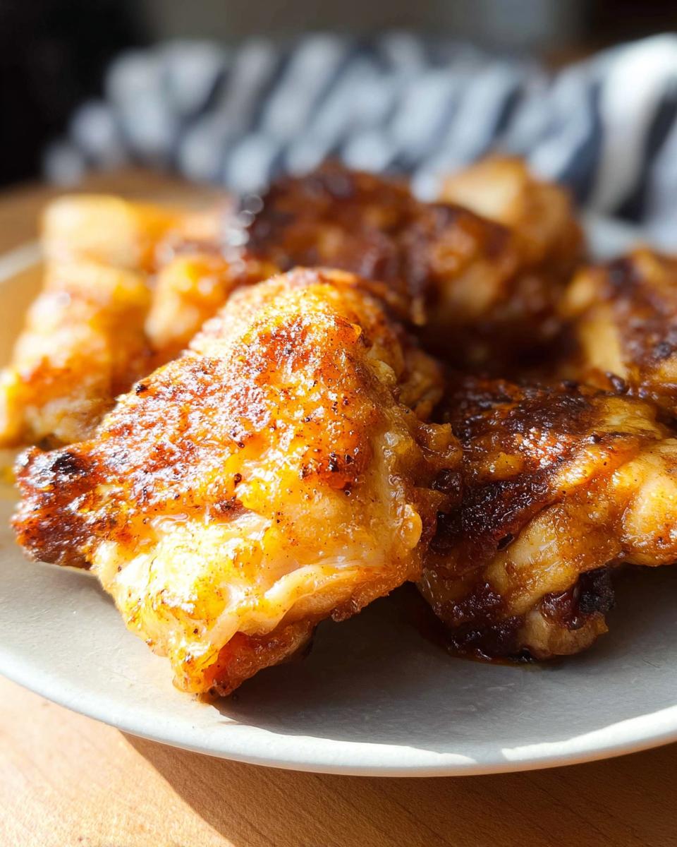 Close-up of golden-brown, crispy chicken pieces cooked in an air fryer, served on a plate.