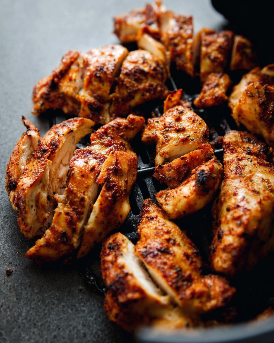 Close-up of perfectly cooked, seasoned air fryer chicken pieces, sliced and ready to serve.