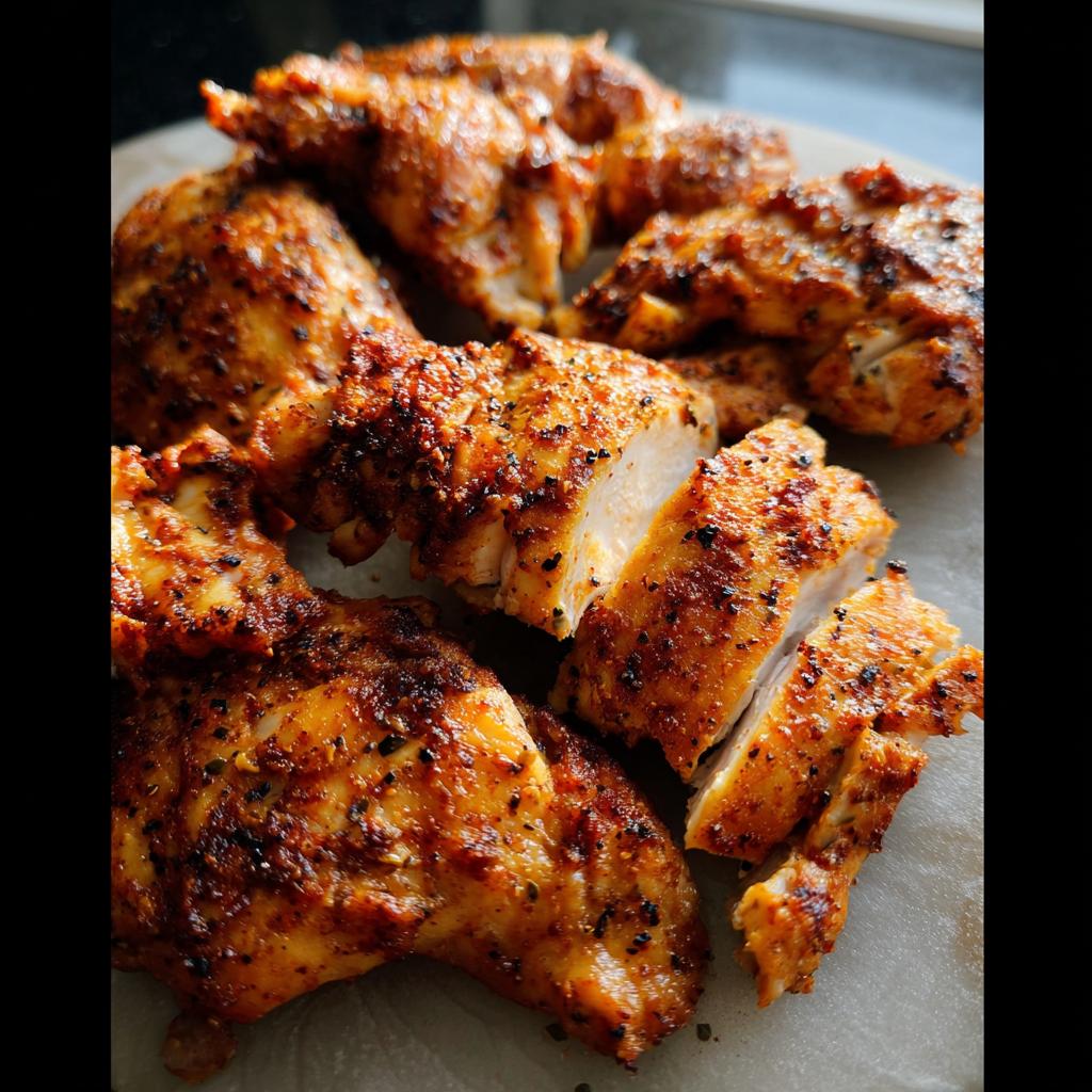 Close-up of perfectly cooked air fryer chicken pieces, seasoned and juicy.