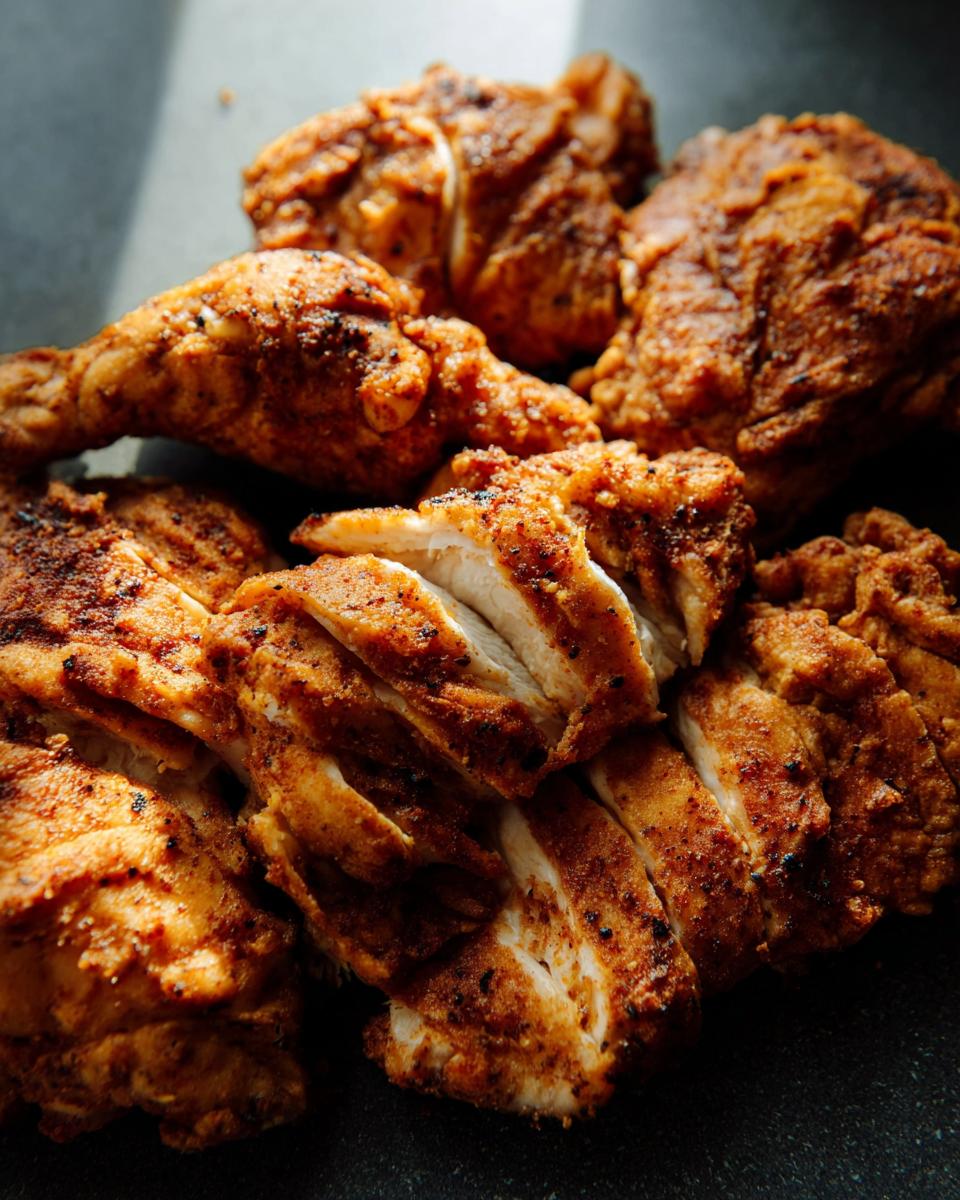 A close-up of perfectly cooked air fryer chicken pieces, some sliced to show juicy interior.