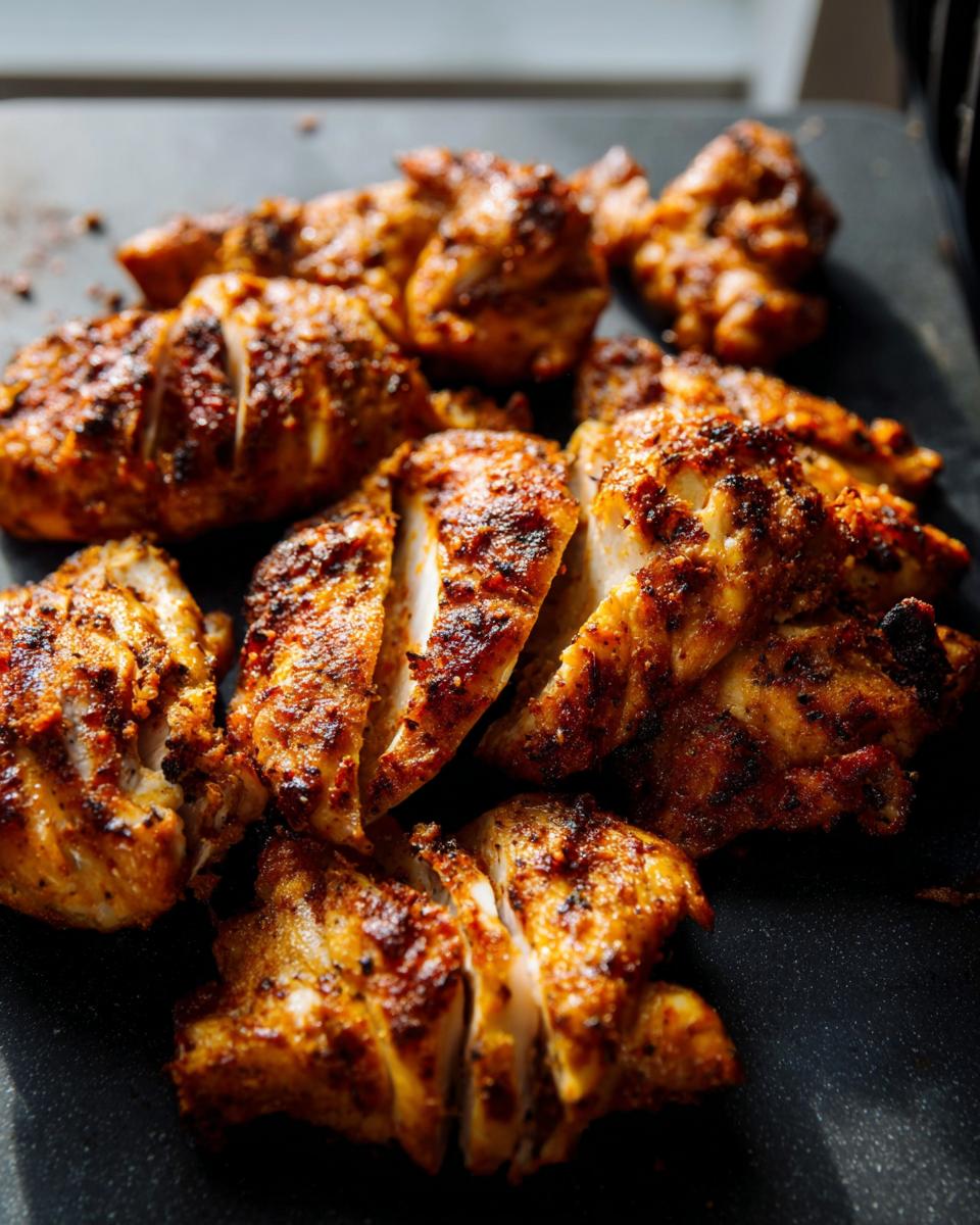 Close-up of perfectly cooked air fryer chicken recipes, sliced and seasoned.