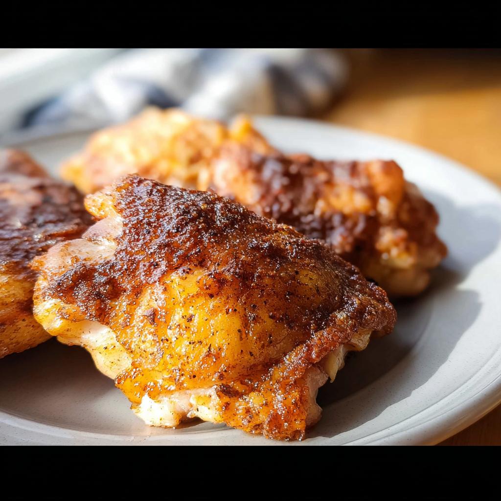 Close-up of perfectly seasoned and crispy air fryer chicken thighs on a plate.