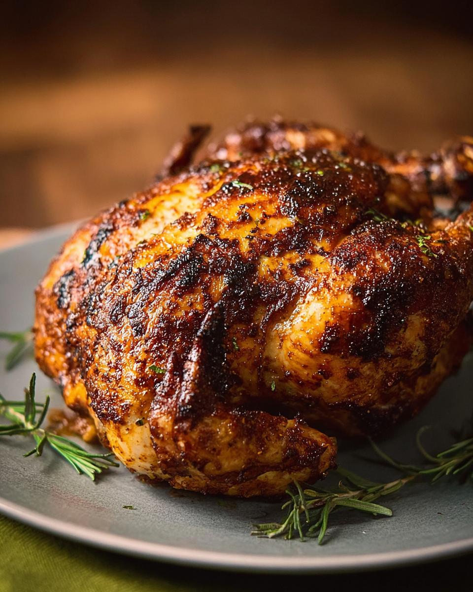 A whole, golden-brown roasted chicken seasoned with herbs, cooked in an air fryer.