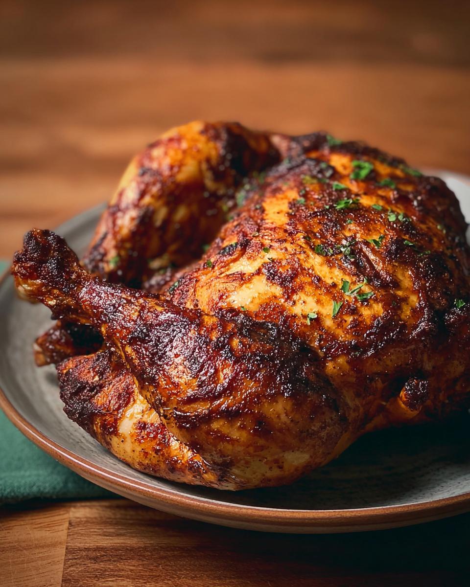 A whole roasted chicken, seasoned and cooked to a golden brown, ready to be served. This is a perfect example of air fryer chicken.