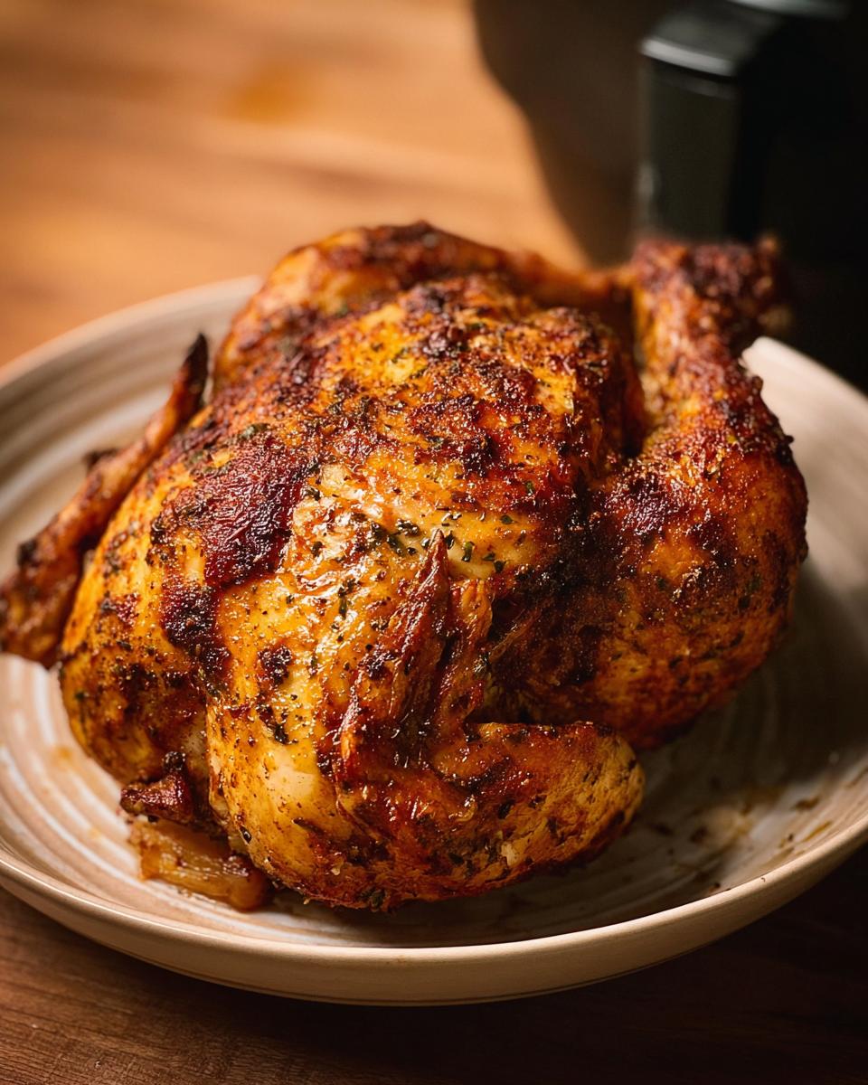 A whole, golden-brown air fryer chicken seasoned with herbs and spices, served on a plate.