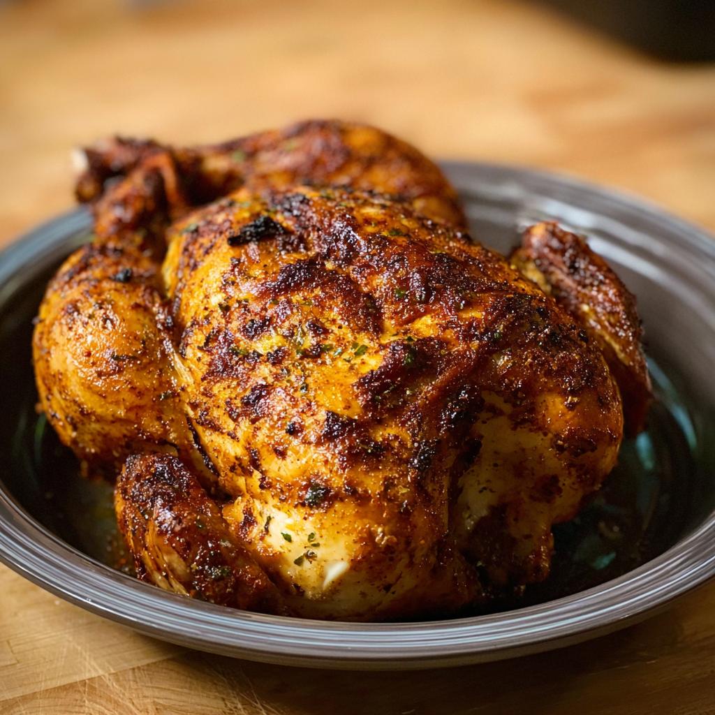 A whole, golden-brown air fryer chicken, seasoned and cooked to perfection, served on a plate.