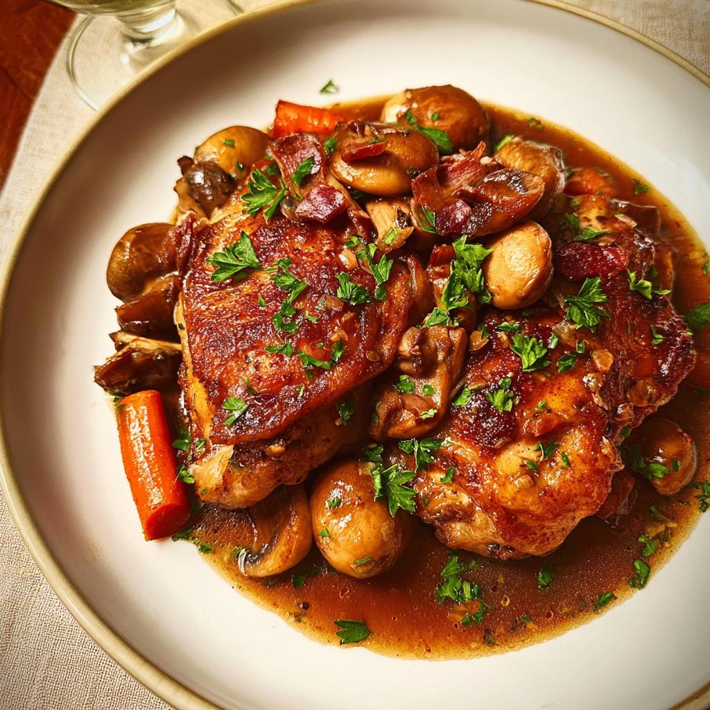 A plate of tender chicken thighs braised with mushrooms, carrots, and herbs in a rich sauce.