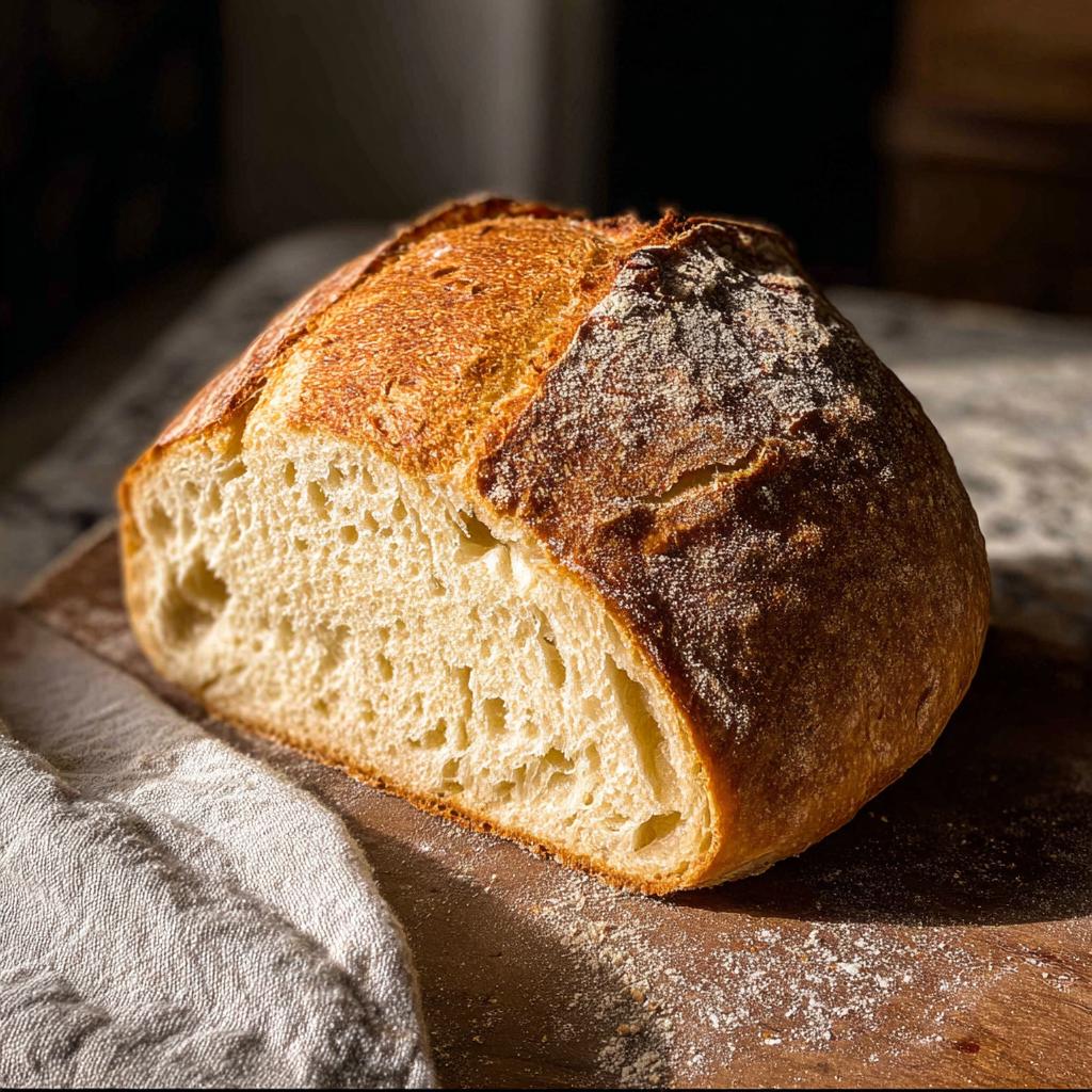 A loaf of freshly baked artisan bread, cut in half, showcasing its golden crust and airy interior, perfect for healthy meals recipes.