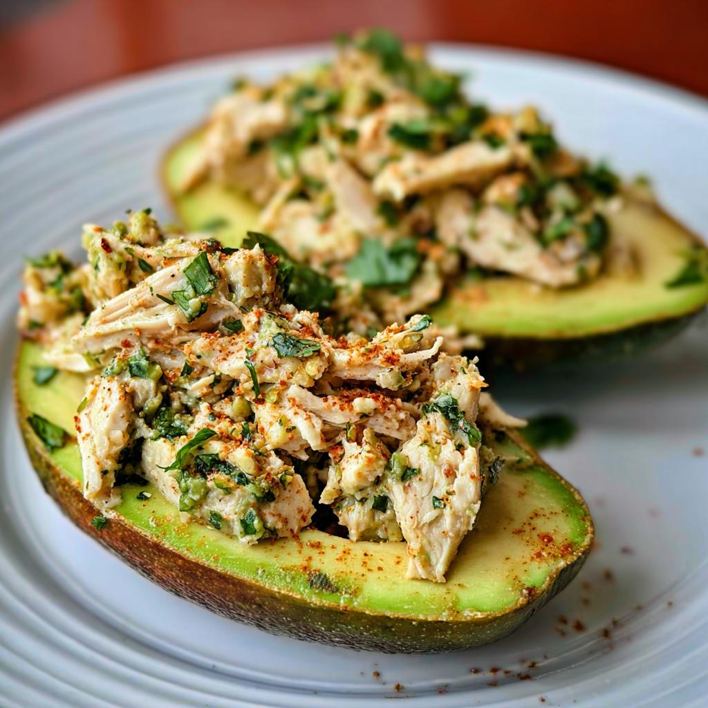 Two halves of avocado filled with shredded chicken salad, a quick and easy sandwich idea.