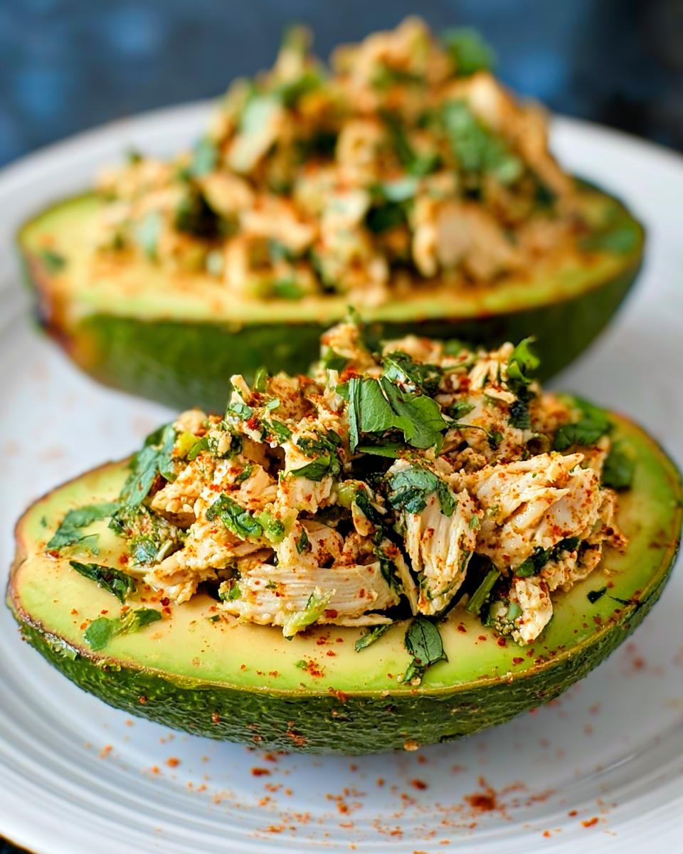 Two avocado halves filled with a savory chicken salad mixture, a quick and easy sandwich idea.
