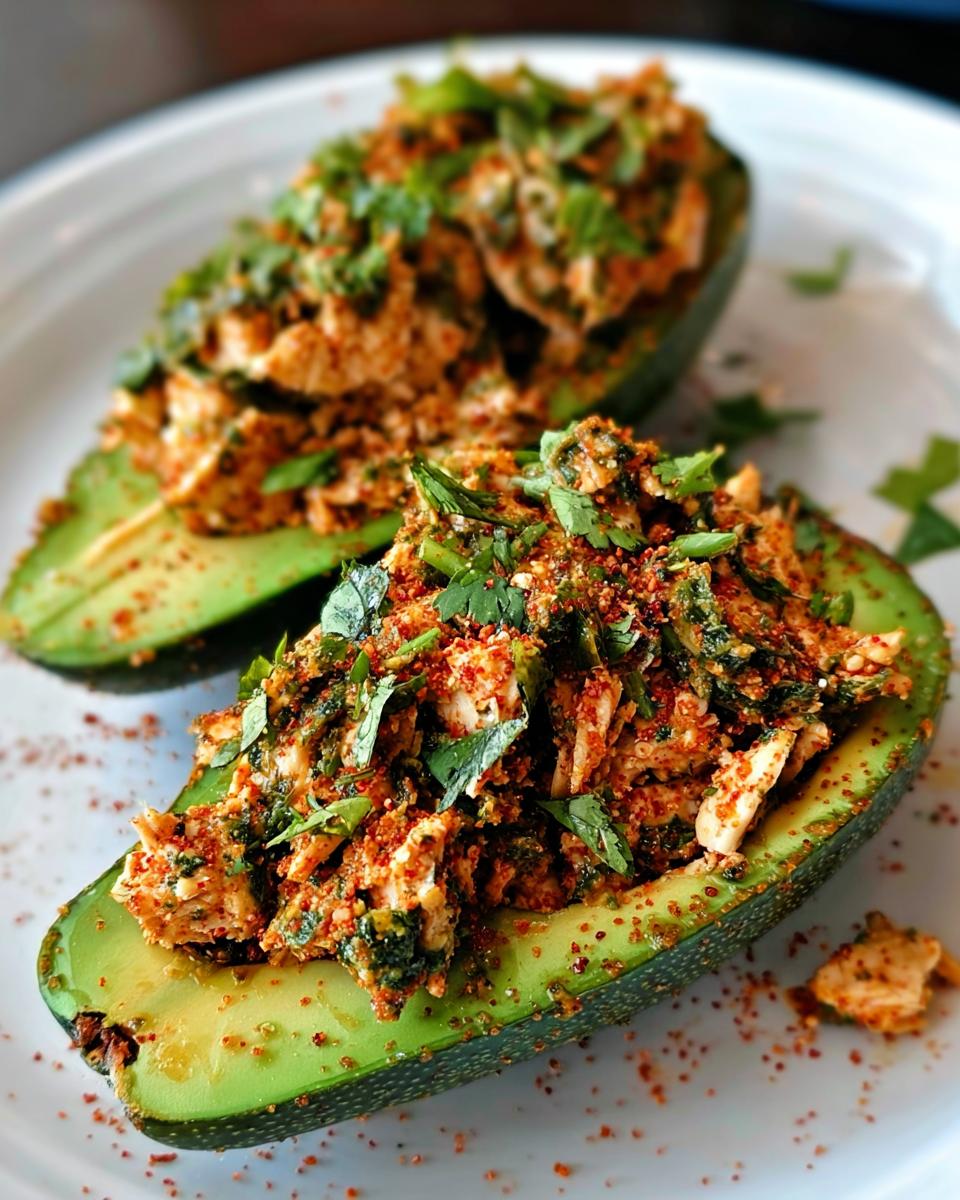 Two halves of avocado stuffed with a savory chicken salad mixture, topped with fresh cilantro and spices. A quick and easy sandwich idea.