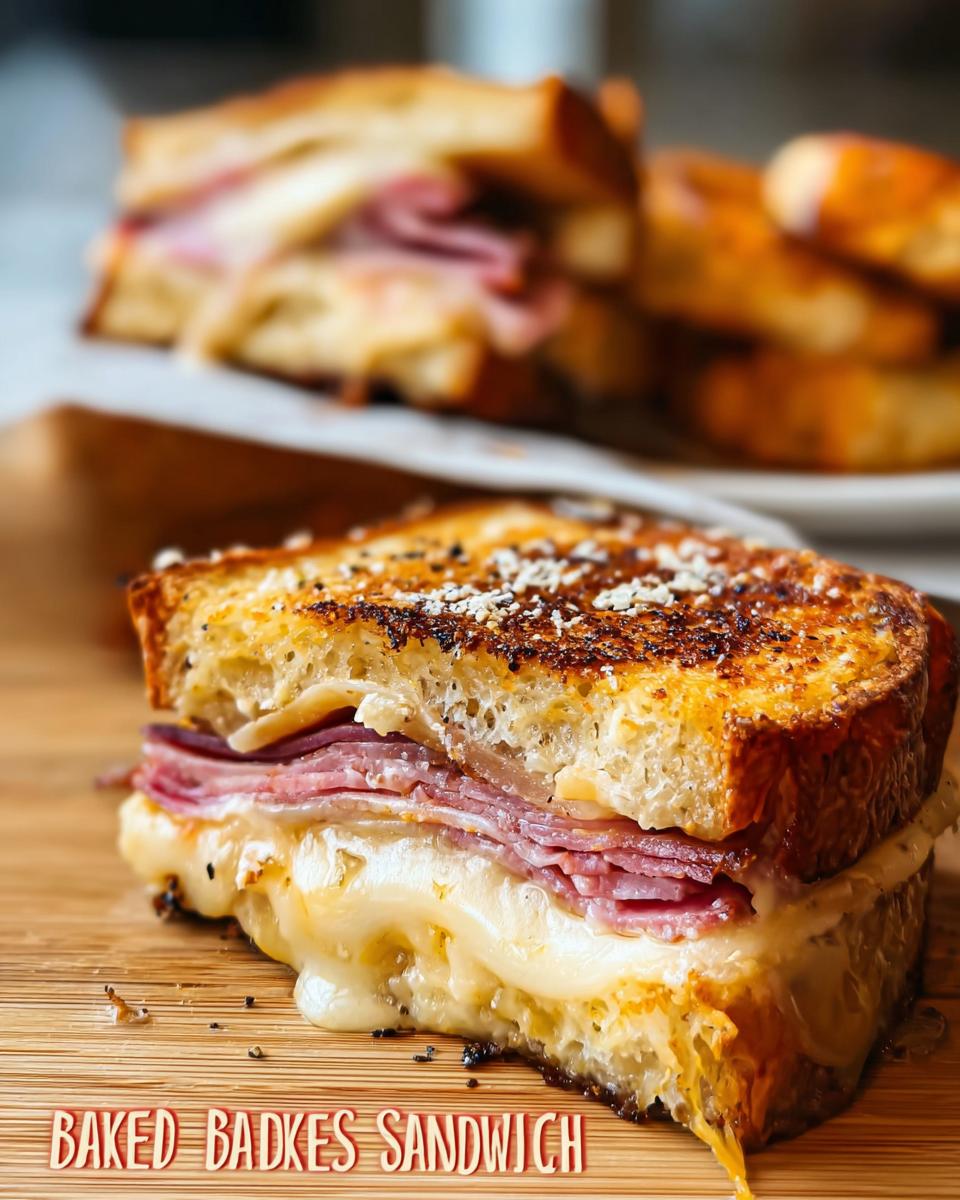 Close-up of a baked badkes sandwich with melted cheese and ham, a perfect sandwich idea.