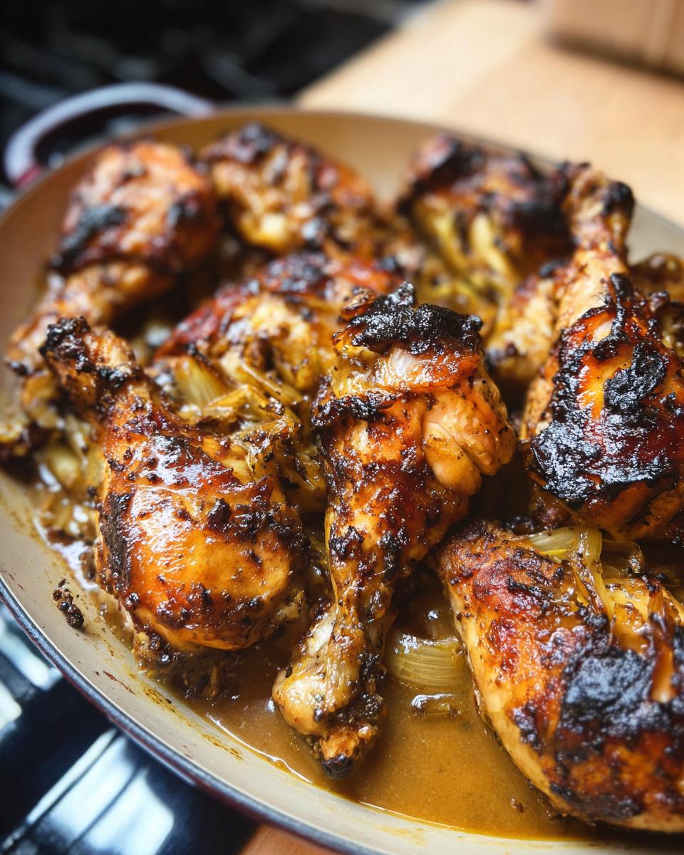 Close-up of perfectly baked chicken recipes in a pan with onions and sauce.