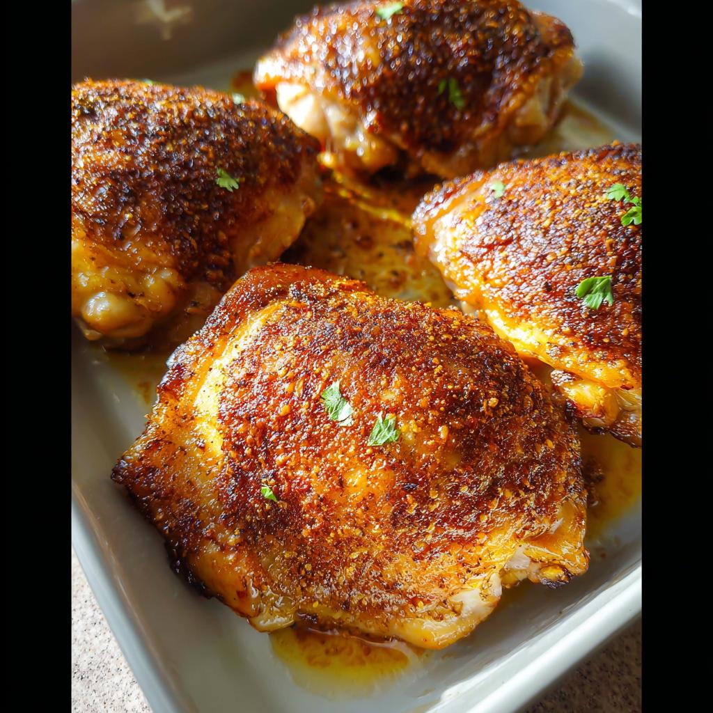 Close-up of four perfectly baked chicken thigh recipes with crispy skin and a sprinkle of parsley.