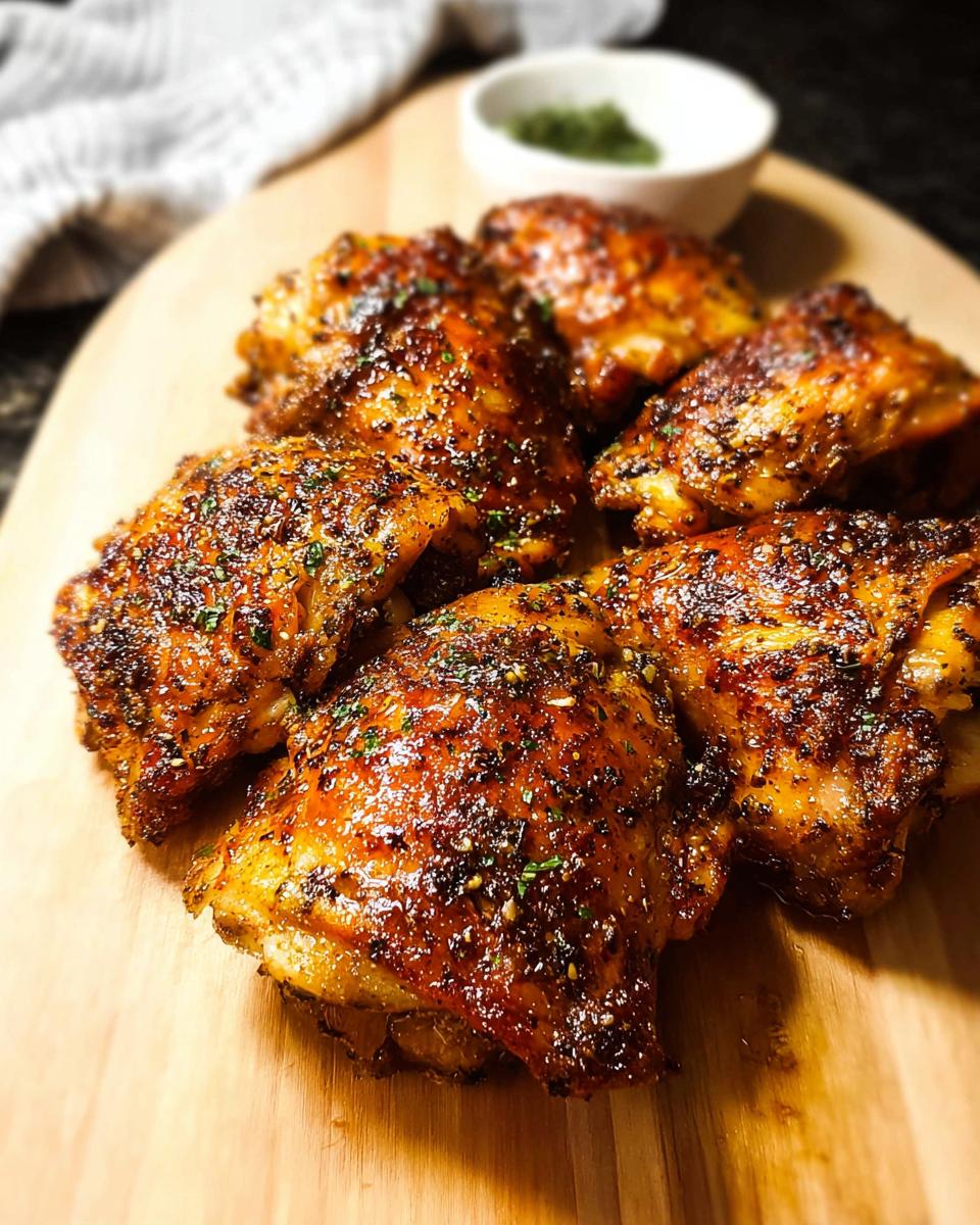 A close-up of perfectly baked chicken thighs, seasoned with herbs and spices, arranged on a wooden board.