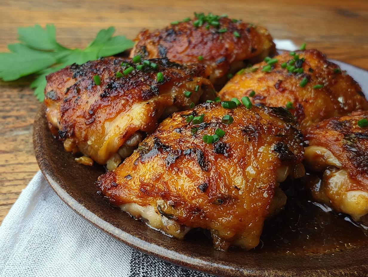 A plate of perfectly baked chicken thighs, glistening with sauce and sprinkled with chives. A delicious chicken thighs recipe.