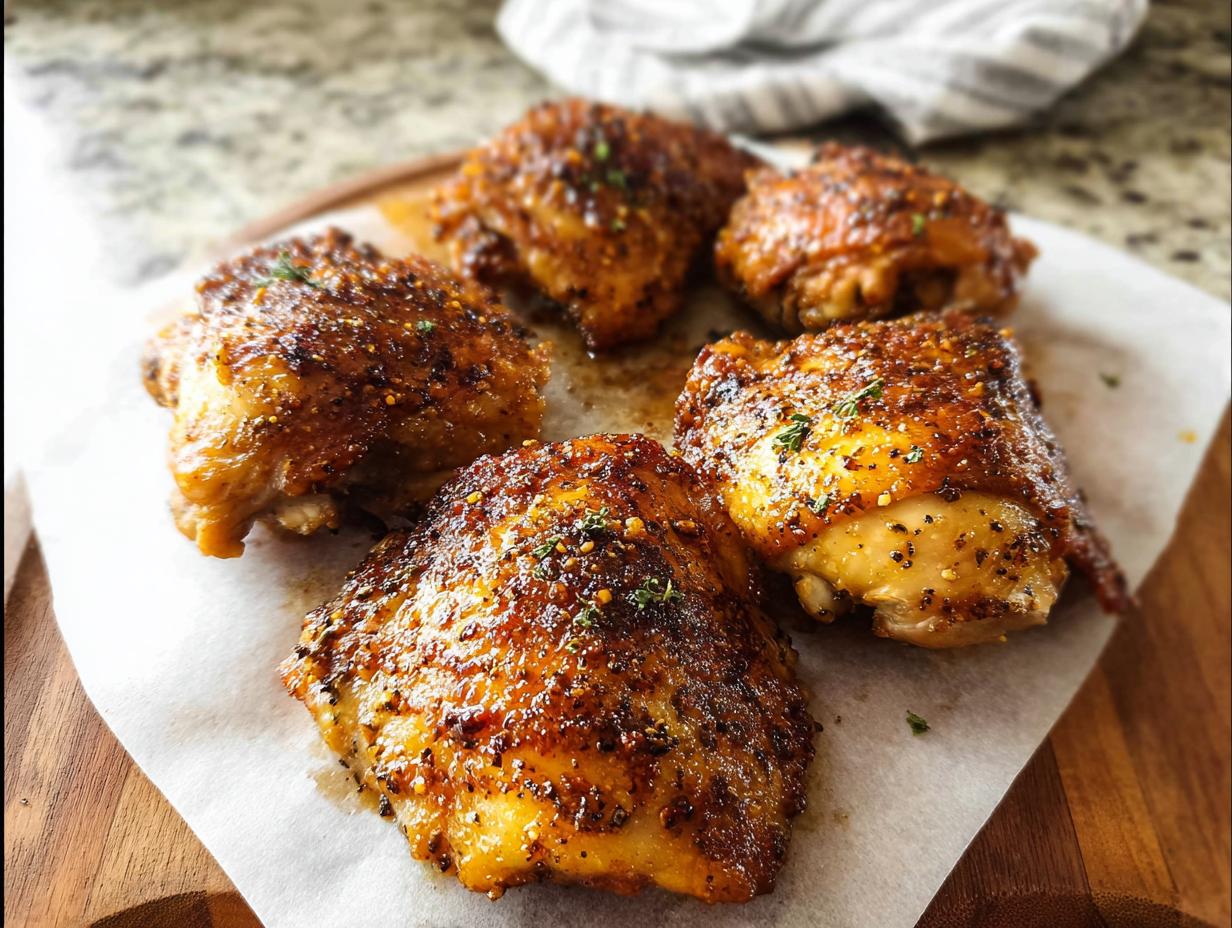 Close-up of perfectly baked chicken thighs, seasoned with herbs and spices, showcasing crispy skin.