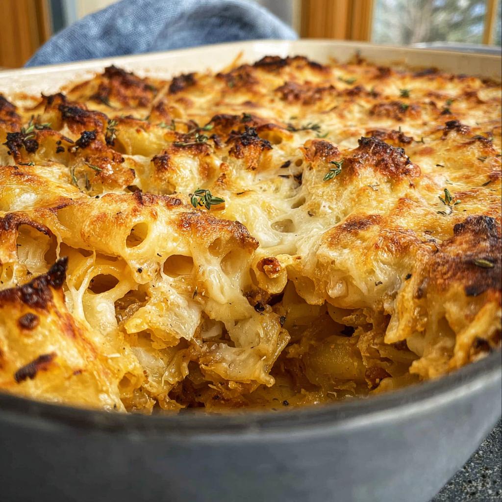 Close-up of a baked pasta dish with golden-brown crispy cheese and herbs, part of a pasta recipes article.