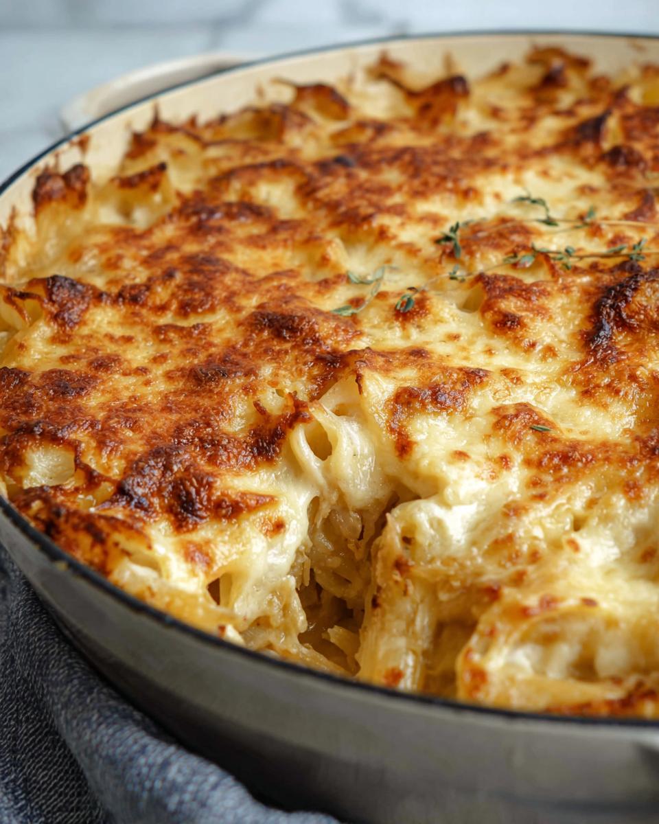 Close-up of a golden-brown baked pasta dish with melted cheese, a comforting pasta recipe.