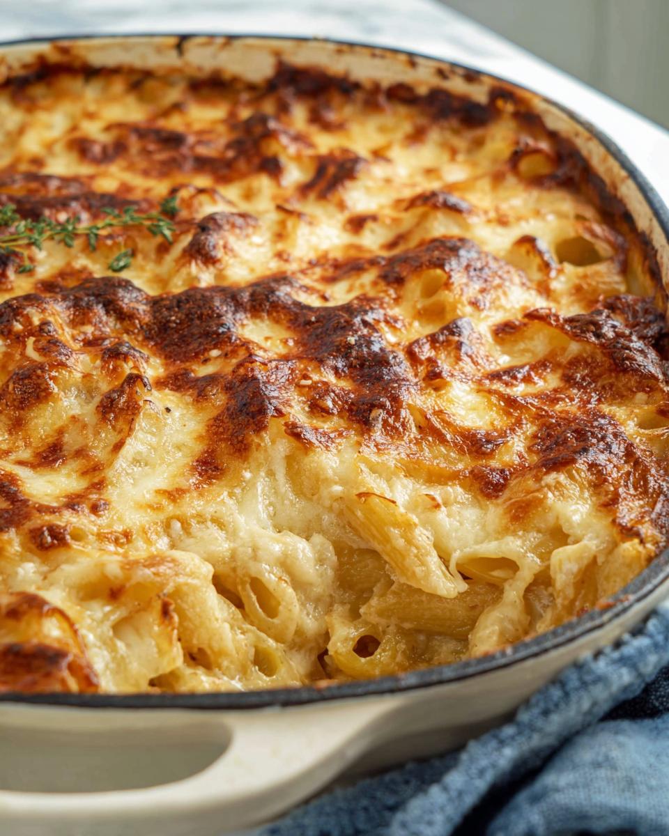 Close-up of a baked penne pasta casserole with a golden-brown cheesy crust, a perfect dish for pasta recipes.