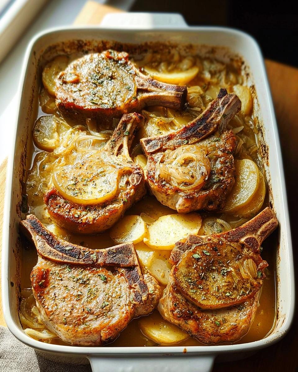 Close-up of baked pork chops with potatoes and onions in a white baking dish, seasoned with herbs.